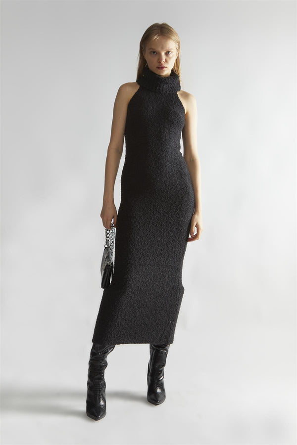 glamorous Black Knitted Roll-Neck Maxi-Dress