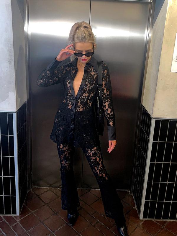 Glamorous Black Lace High-Waisted Flared Trousers