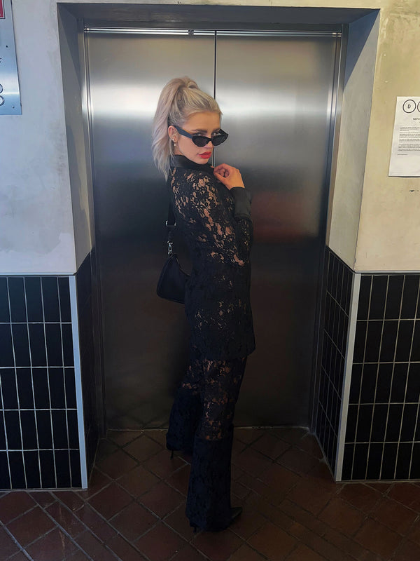 Glamorous Black Lace High-Waisted Flared Trousers