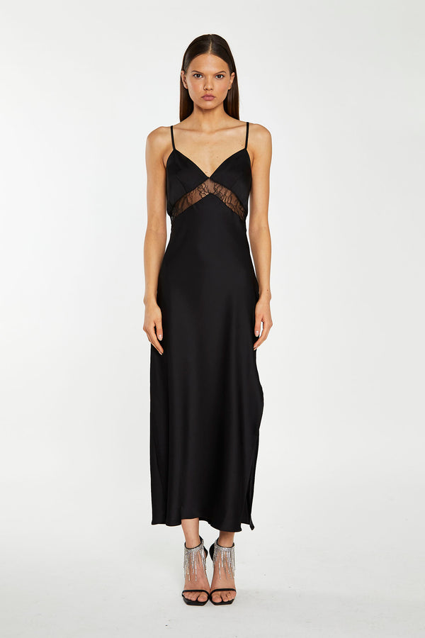 glamorous Black Lace Trim Cami Midaxi-Dress