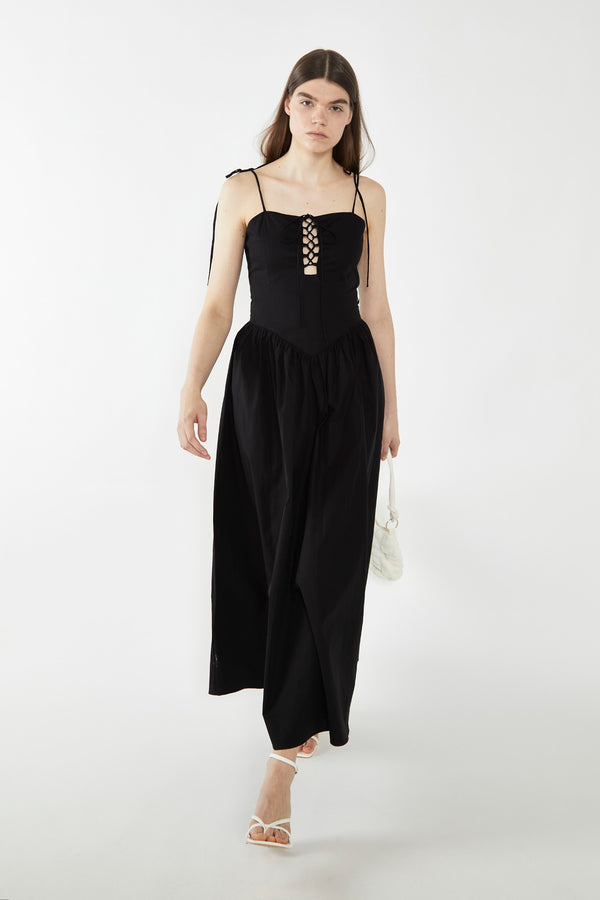 Glamorous Black Lace-Up Bodice Maxi Dress