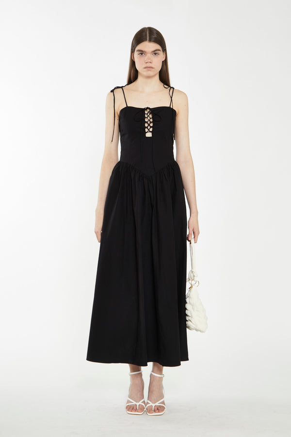 glamorous Black Lace-Up Bodice Maxi Dress