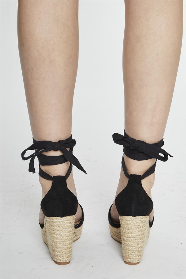 Glamorous Black Lace Up Espadrille Wedges