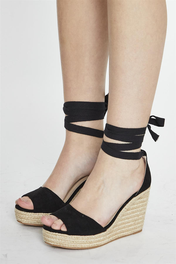 glamorous Black Lace Up Espadrille Wedges