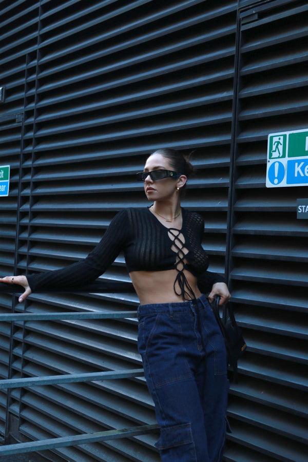 glamorous Black Lace-Up Mixed-Knit Crop-Top