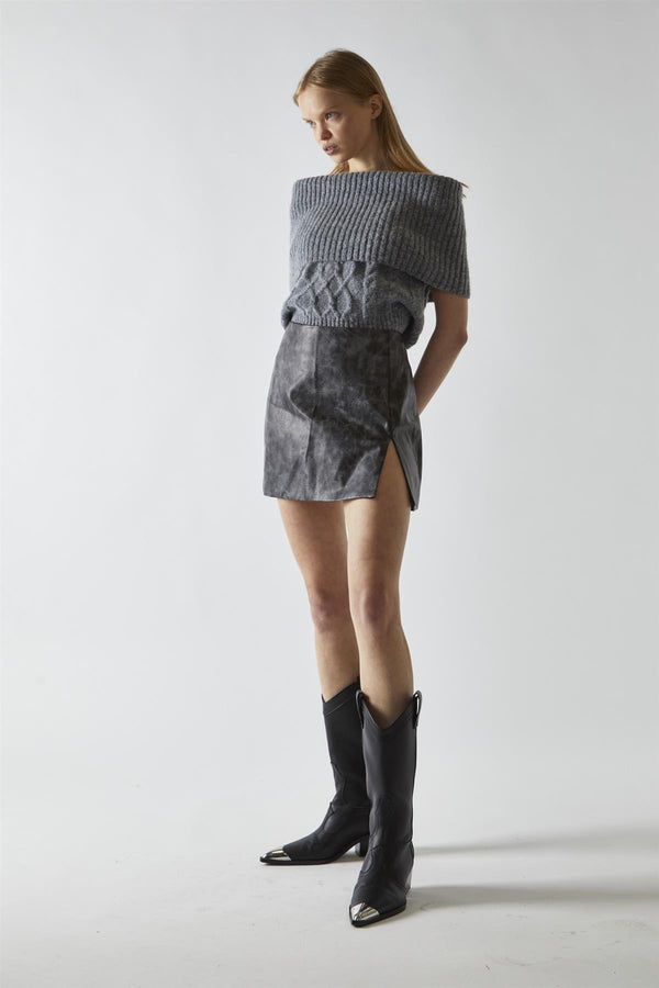 glamorous Black-Marble PU Split Mini Skirt