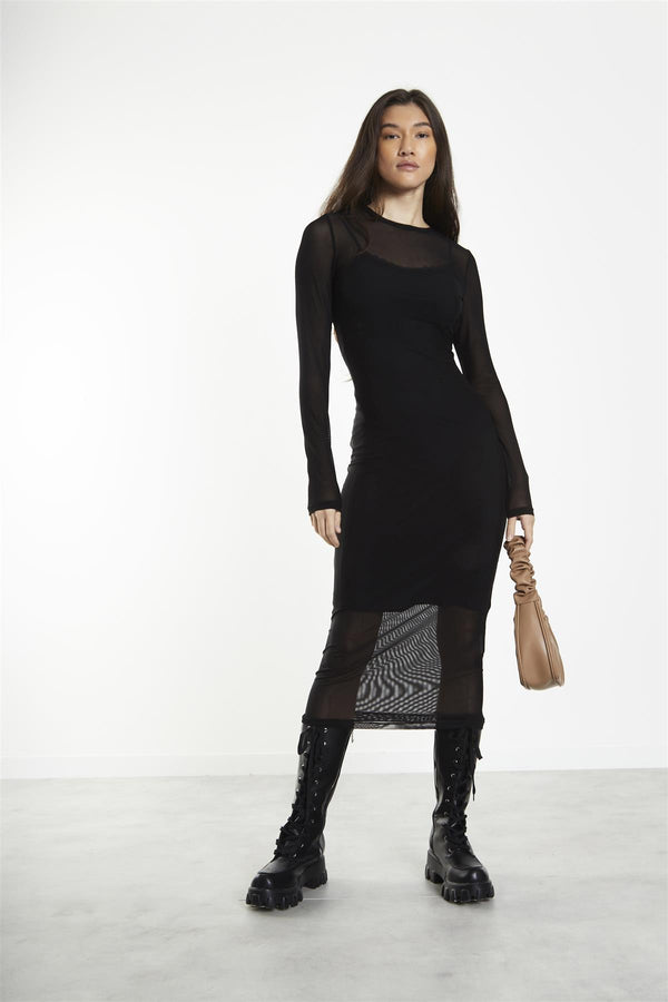 Glamorous Black Mesh Crew Neck Midi-Dress
