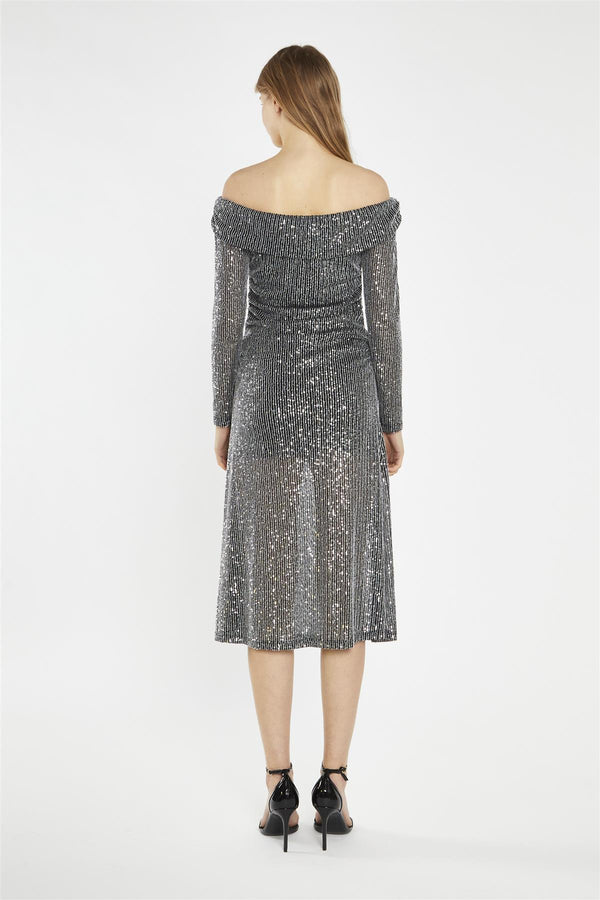 Glamorous Black Mesh-Sequin Bardot Midi-Dress