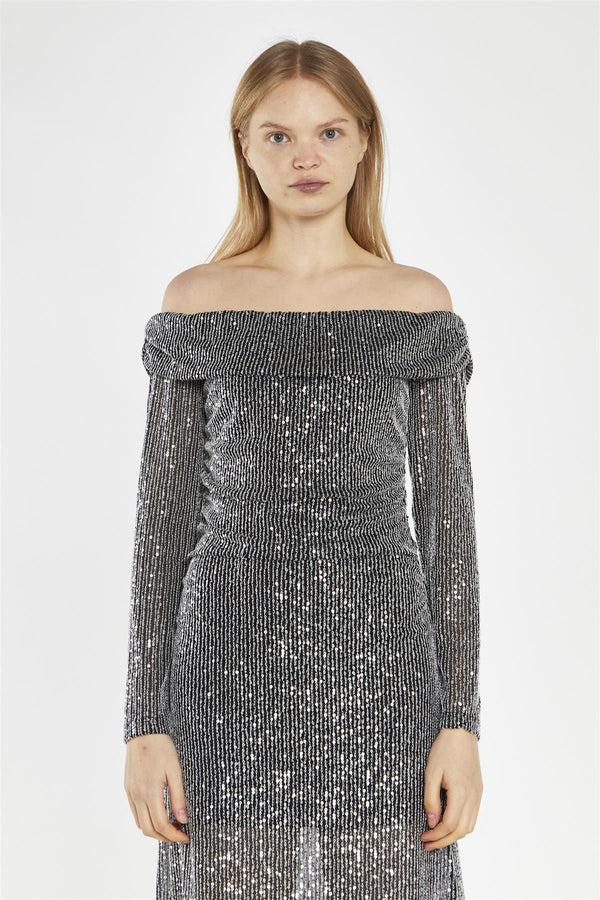 Glamorous Black Mesh-Sequin Bardot Midi-Dress