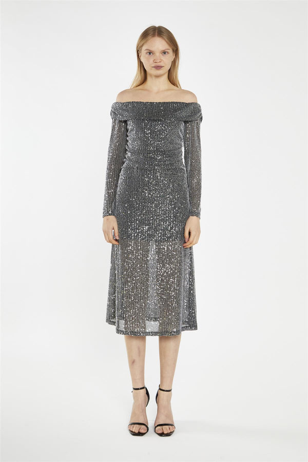 glamorous Black Mesh-Sequin Bardot Midi-Dress