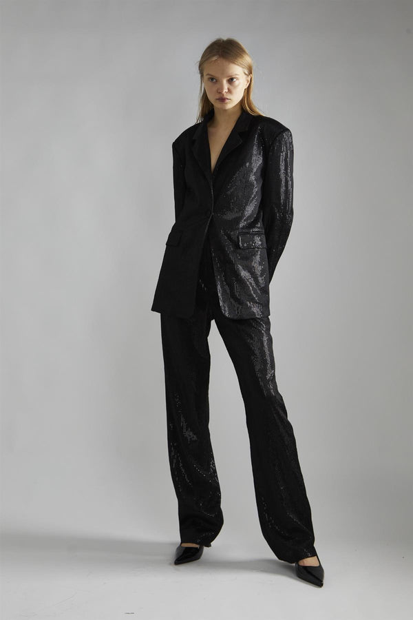 glamorous Black Metallic-Sequin Oversized-Blazer