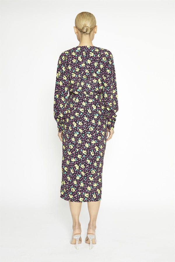 Glamorous Black Multi-Roses Wrap Midi-Dress