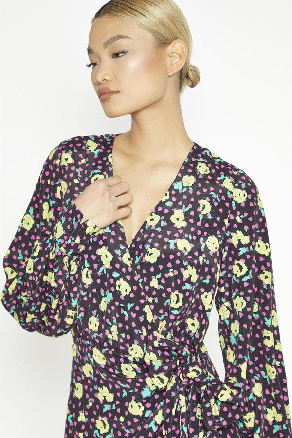 Glamorous Black Multi-Roses Wrap Midi-Dress