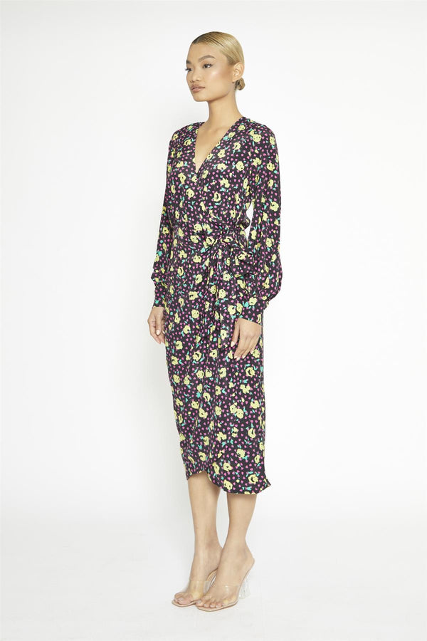 Glamorous Black Multi-Roses Wrap Midi-Dress