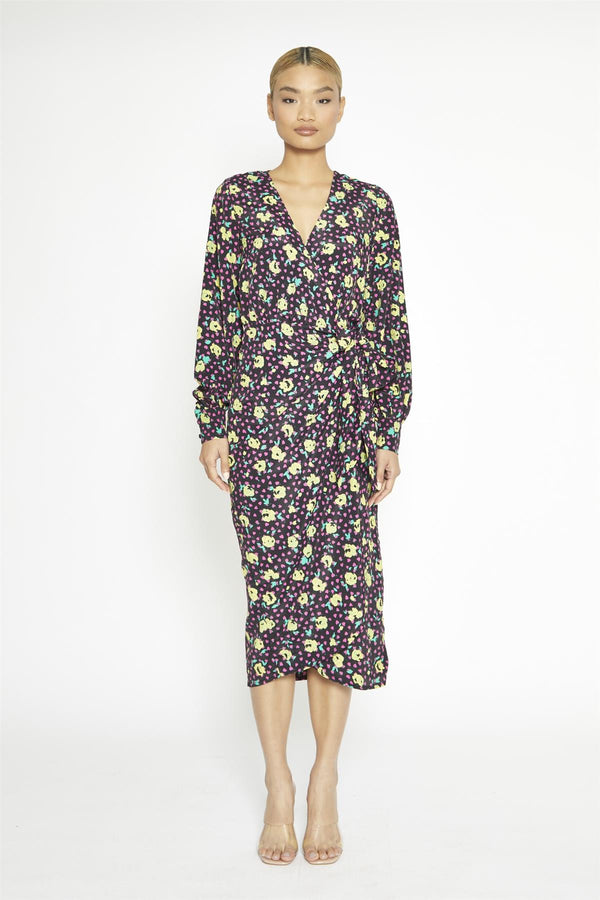 glamorous Black Multi-Roses Wrap Midi-Dress