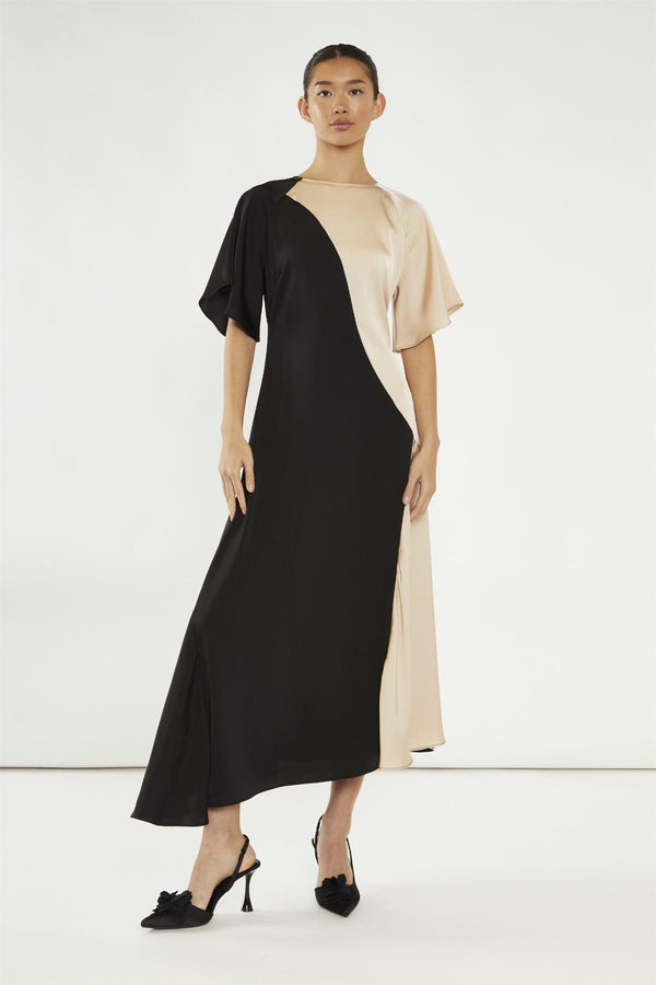 glamorous Black-Nude Flared Maxi-Dress