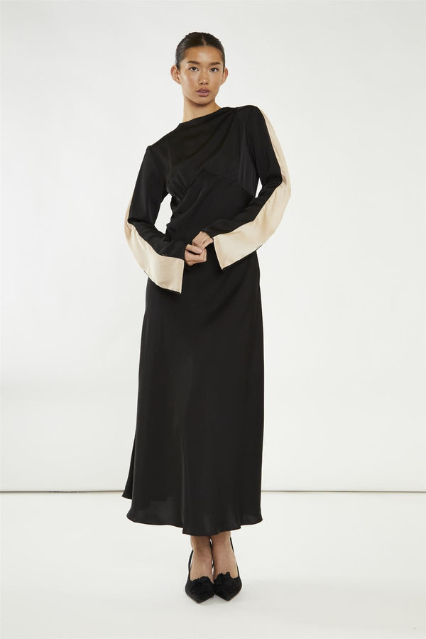 glamorous Black-Nude Waterfall Ruffle Maxi-Dress
