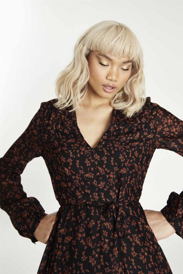 Glamorous Black-Orange Floral V-Neck Mini-Dress