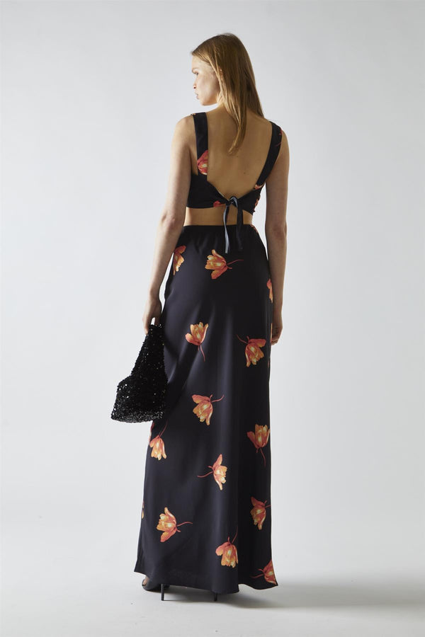 Glamorous Black-Orange Flower Bias-Cut Maxi-Skirt