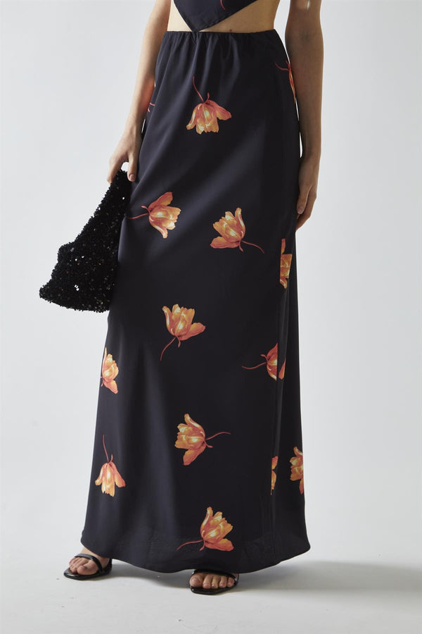 Glamorous Black-Orange Flower Bias-Cut Maxi-Skirt