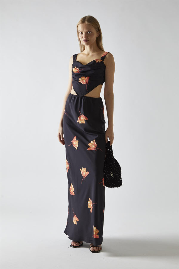 Glamorous Black-Orange Flower Bias-Cut Maxi-Skirt