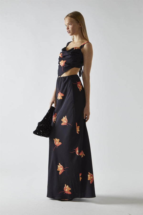 glamorous Black-Orange Flower Bias-Cut Maxi-Skirt