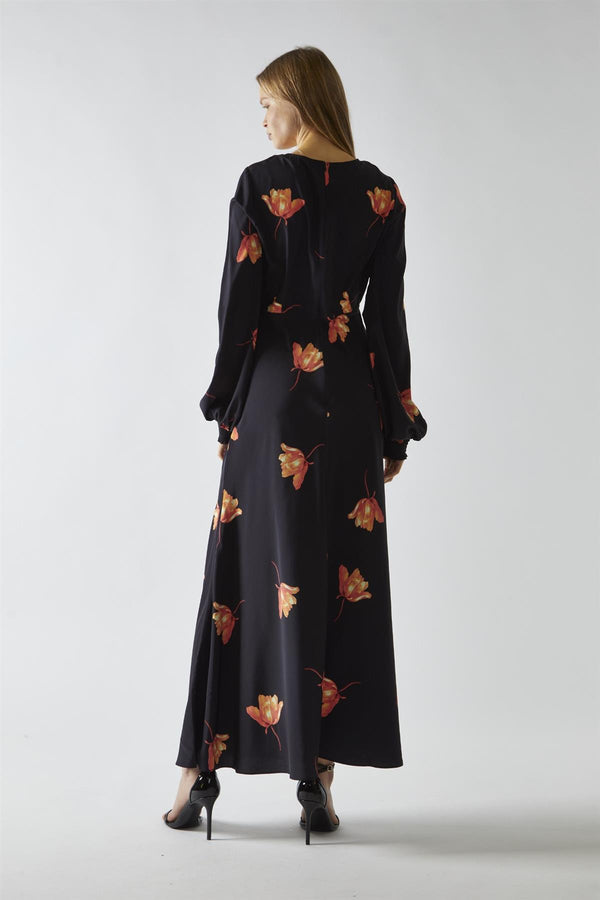 Glamorous Black-Orange Flower V-neck Midi-Dress