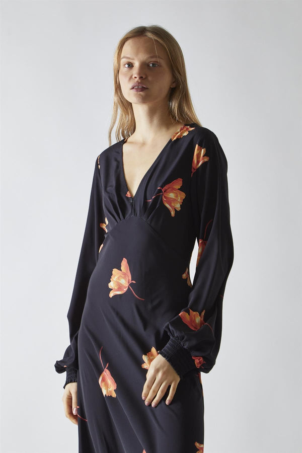 Glamorous Black-Orange Flower V-neck Midi-Dress
