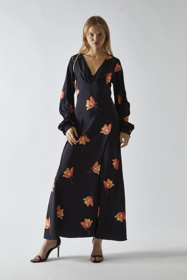 Glamorous Black-Orange Flower V-neck Midi-Dress