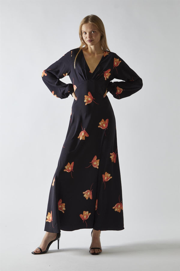 glamorous Black-Orange Flower V-neck Midi-Dress