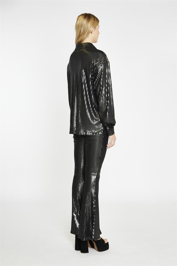 Glamorous Black Pewter-Sequin Flared Trousers