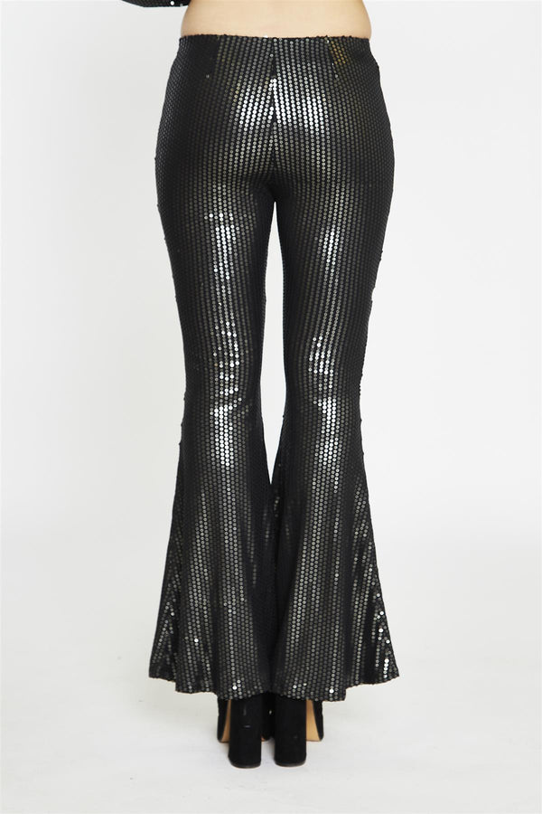 Glamorous Black Pewter-Sequin Flared Trousers