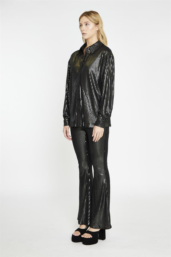 glamorous Black Pewter-Sequin Flared Trousers