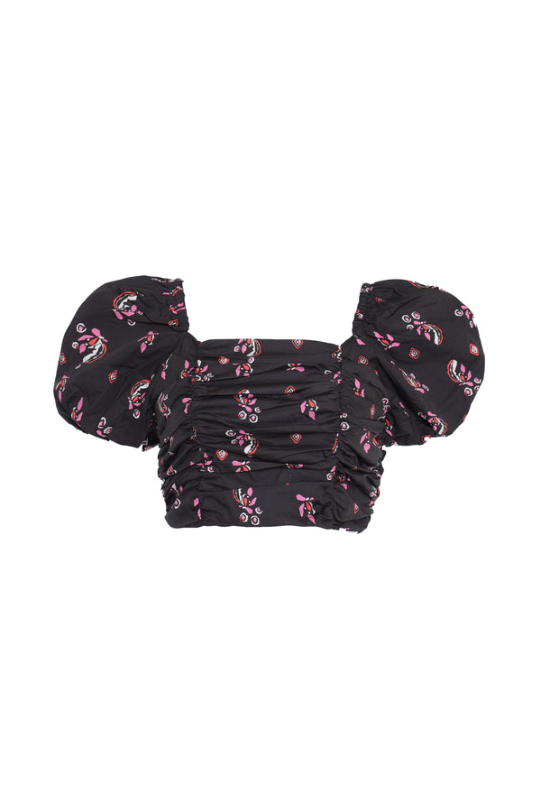 Glamorous Glamorous Black Pink Motif Puff Shoulder Crop Top