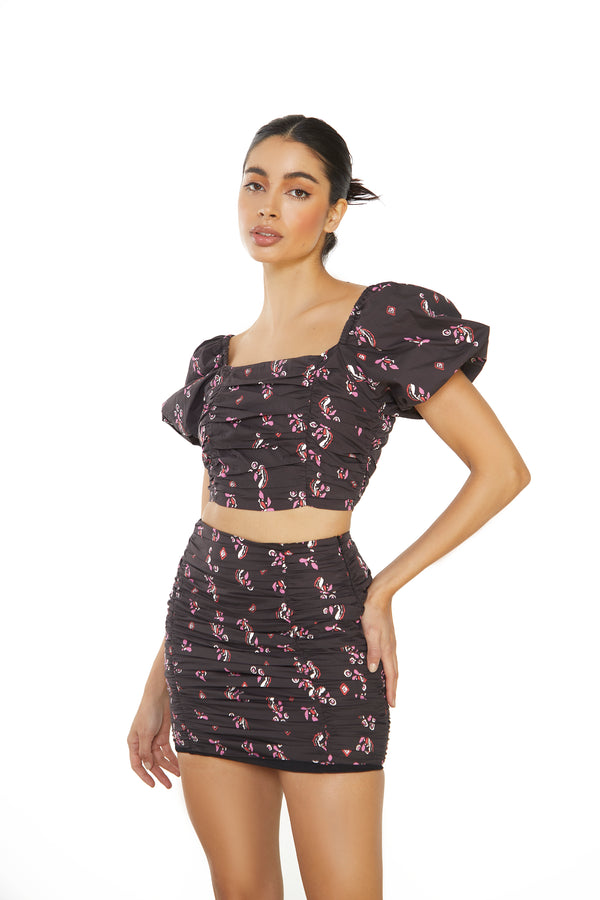 glamorous Glamorous Black Pink Motif Puff Shoulder Crop Top