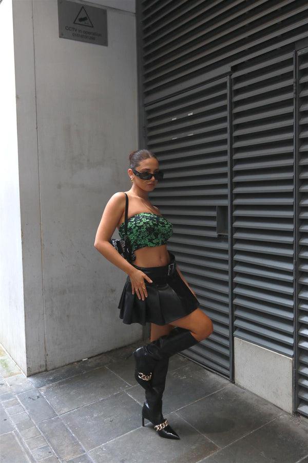 glamorous Black-PU Belted Pleated Mini-Skirt