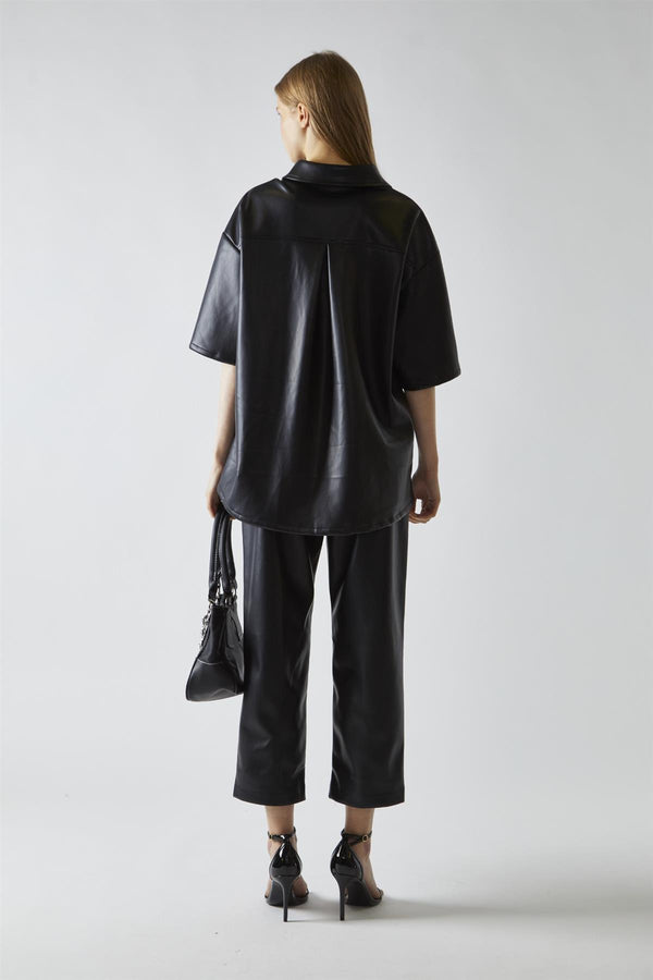 Glamorous Black-PU Boxy Oversized-Shirt