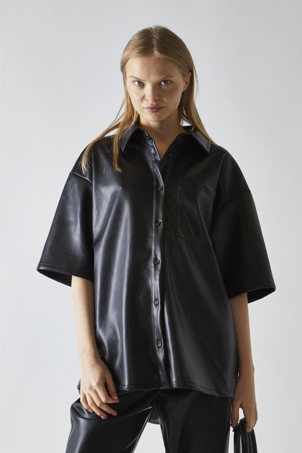 Glamorous Black-PU Boxy Oversized-Shirt