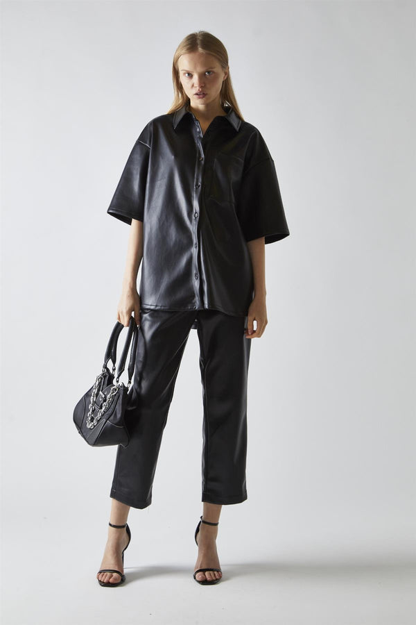 glamorous Black-PU Boxy Oversized-Shirt