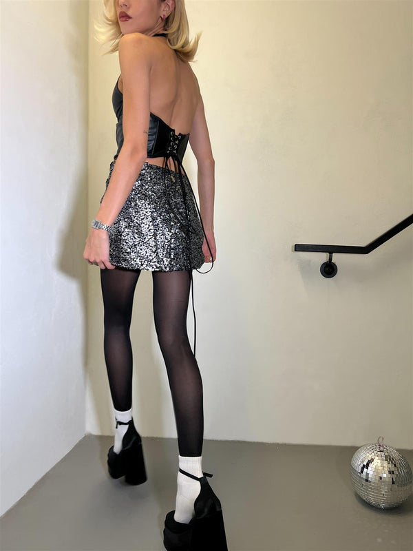 Glamorous Black-PU Halterneck Corset Crop-Top