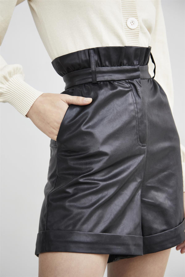 Glamorous Black-PU Paper-Bag Shorts