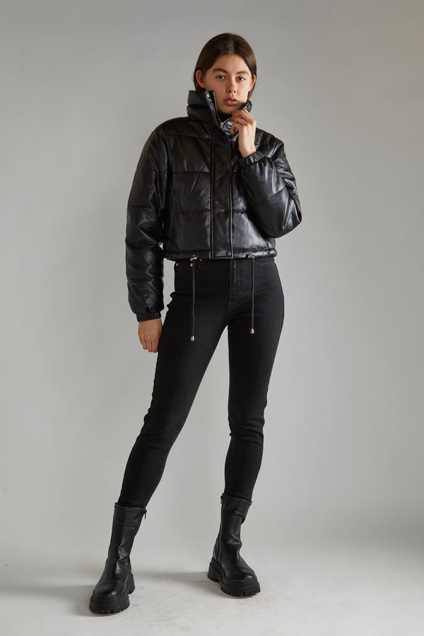 glamorous Black PU Puffer Cropped-Jacket
