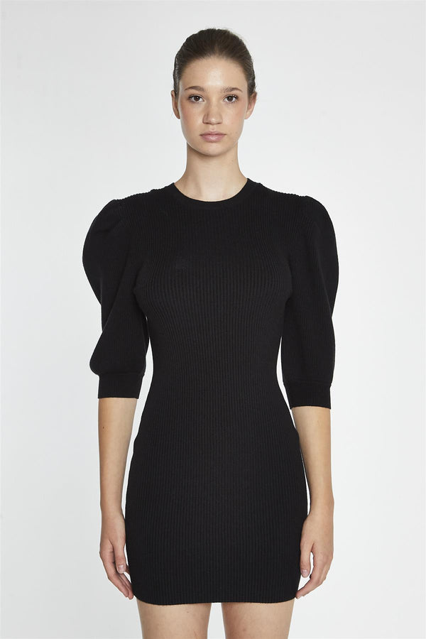 Glamorous Black Puff-Sleeve Knitted Mini-Dress