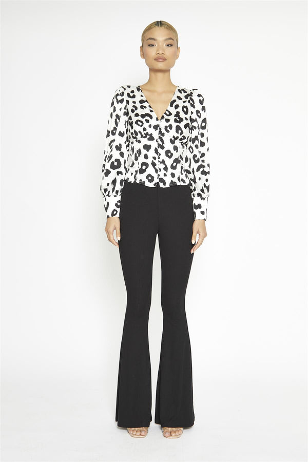 glamorous Black-Rib High-Waisted Flared-Trousers