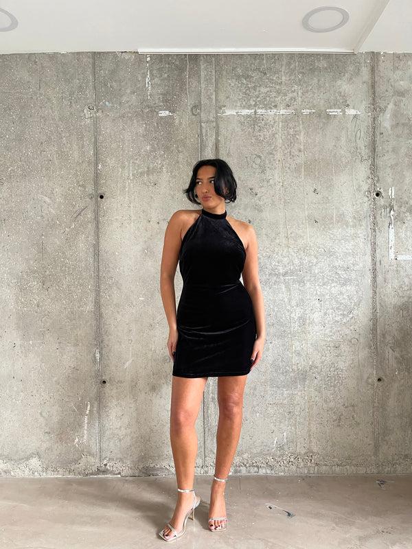Glamorous Black Rib-Velvet Halterneck Mini-Dress