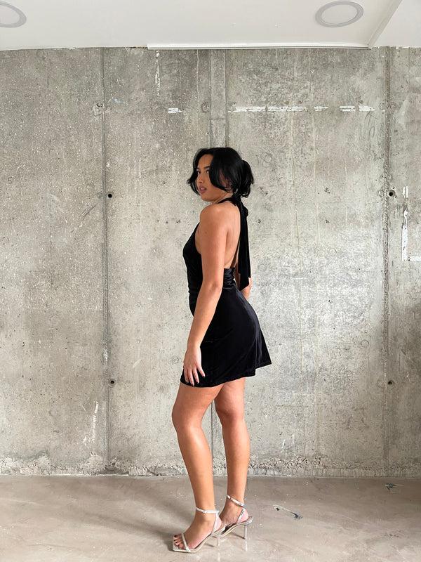 Glamorous Black Rib-Velvet Halterneck Mini-Dress