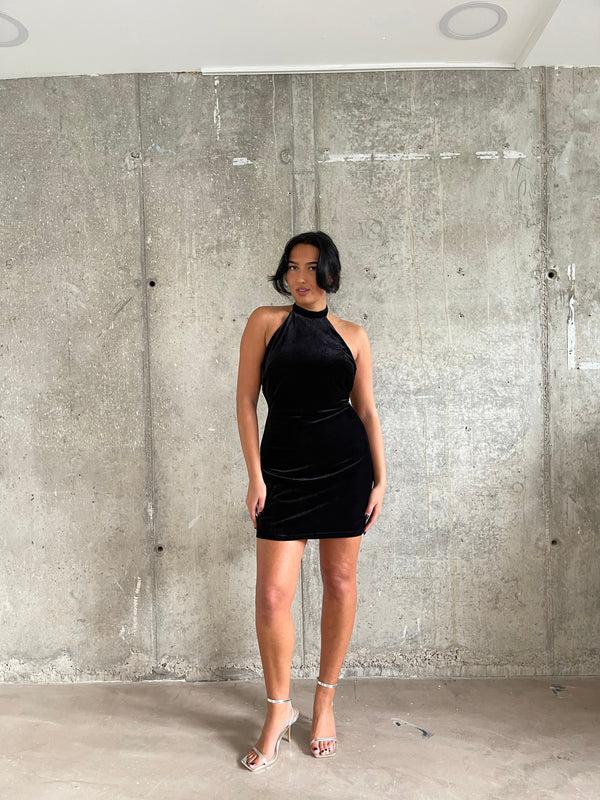 glamorous Black Rib-Velvet Halterneck Mini-Dress