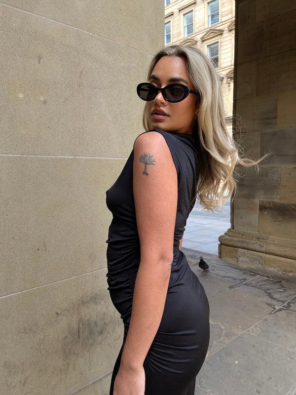 Glamorous Black Ruched High-Neck Crop-Top