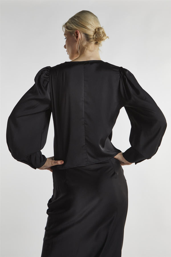 Glamorous Black-Satin Button-Front Top