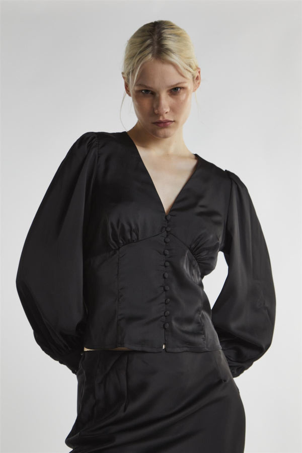 Glamorous Black-Satin Button-Front Top